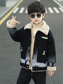 男童保暖衬里字母印花翻领夹克 - 黑色 - 查看 7