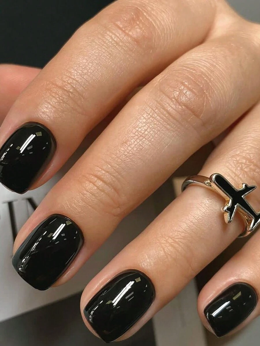 Upgrade Your Look With 24pcs Short Matte Black Square Shaped Nail Art Set Suitable For Parties, Dances, Or Daily Wear Press On Nails Nail Supplies - Black - View 1