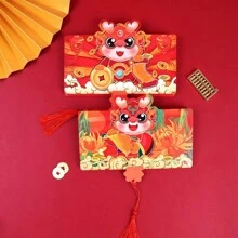 可摺疊紅色新年紅包,龍紋設計,6個隔層,優雅而節慶 - 紅色 - 查看 3