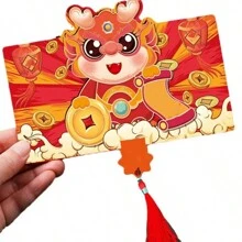 可摺疊紅色新年紅包,龍紋設計,6個隔層,優雅而節慶 - 紅色 - 查看 7