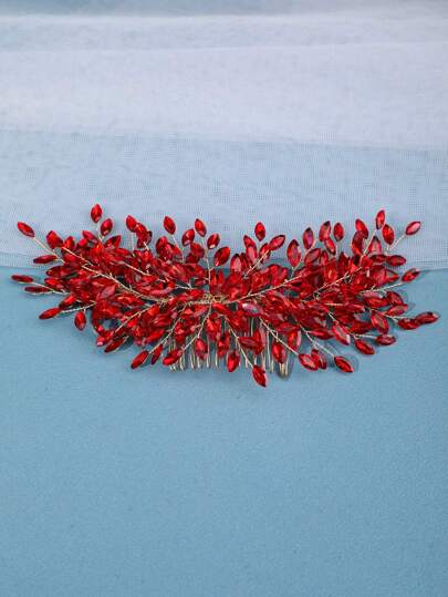 1pc Women's Gold Luxury Handmade Braided Hair Comb, Romantic Headwear With Red Color And Silver Ornaments, For Wedding Bridal Hair Accessory With Sparkling Crystals Royal Valentine's Day Accessories