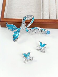 3入組藍色魚尾造型金屬髮夾，包含小號和大號海星髮夾、髮卡，適用於髮髻的髮飾配件 - 彩色 - 查看 11