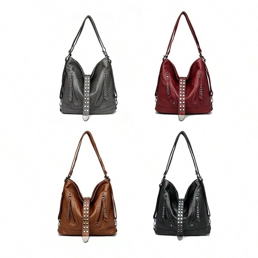 Fashionable Solid Color Rivet Studs Punk Style Simple Versatile Shoulder Bag For Women, Suitable For Both Shoulder And Double Shoulders - Burgundy - View 1