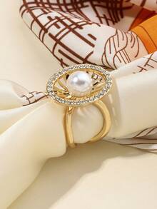 1入組女士鋅合金高級中空橢圓珍珠時尚圍巾扣 - 金色 - 查看 3