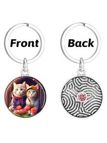 1pc Cute Couple Cat Keychain&Keychain Wristband Wallet With Shiny Lilac Rhinestone 30mm Glass Sticker Vintage Keychain On Back Birthday Gift For Boyfriend Girlfriend - Mauve Purple - View 2