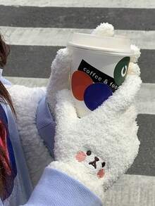 1入組珊瑚絨針織可愛笑臉防風保暖手套,黑色,適用於學生 - 黑色 - 查看 7