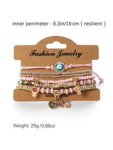 6pcs/Set Bohemian Style Bracelet With Creative Heart Pendant, Multilayer Stretchy Pink Jewelry - Pink - View 4