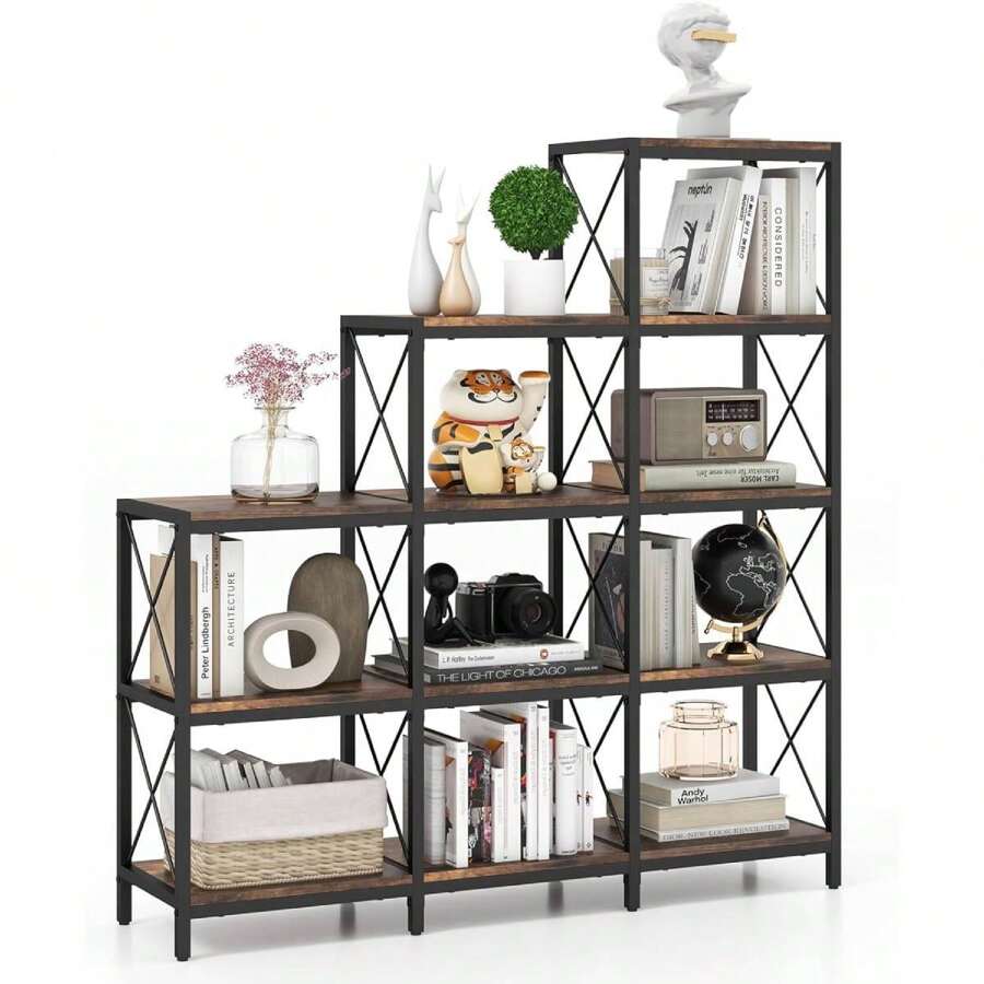 Bookshelf With 12 Shelves, Step Shelf With Metal Frame, Cube Shelf Room Divider, Standing Shelf, Stair Shelf For Living Room & Office, Brown - Brown - View 1