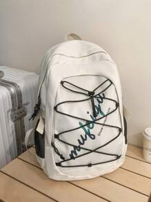 1pc Nylon Alphabet Printed Backpack For College Students, Fashionable Casual Travel Bag With Zipper Closure For Daily Use - White - View 1