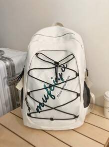 1pc Nylon Alphabet Printed Backpack For College Students, Fashionable Casual Travel Bag With Zipper Closure For Daily Use - White - View 3