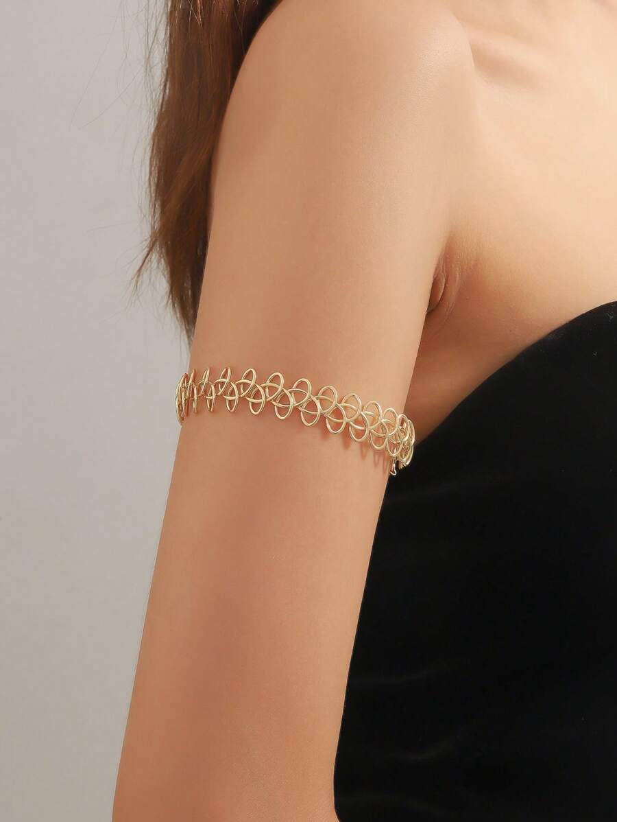 1pc Fashionable Hollow Out Flower Arm Cuff, Exaggerated Asymmetric Knot Design Metallic Open Cuff Bracelet Suitable For Women's Daily Wear - Gold - View 1