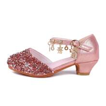 Girls Princess Shoes Sequins Sweet Bows High Heels Wedding Party Dress Shoes Dance Bright Diamond Cosplay Christmas Festival Shoes Pink Blue Purple Gold Silver - 藕粉色 - 查看 2