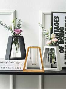 1個木質水耕花瓶，復古風格花瓶，透明玻璃花瓶底座，木製框架，桌上家居裝飾 - 黑色 - 查看 3