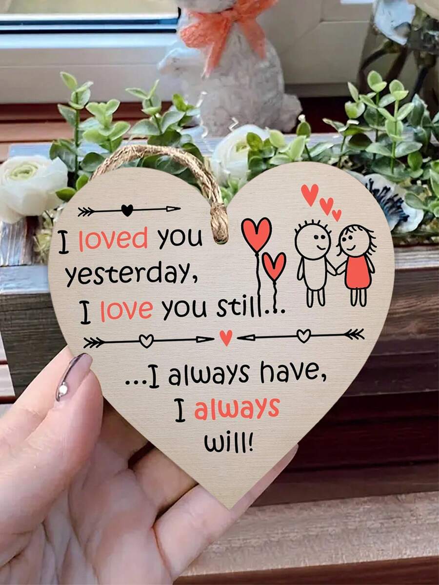 1個有趣的情人節木質心形裝飾牌,我仍愛你木質掛飾板牌,家居裝飾溫馨禮物 - 彩色 - 查看 1