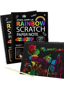 12張彩虹刮畫紙,彩虹刮套裝筆記本,適用於生日遊戲、派對物品、生日禮物 - 黑色 - 查看 2
