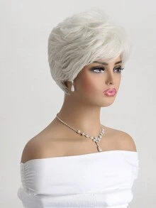 女士時尚10吋白色短卷毛&鬆軟合成纖維帶劉海假髮,適合日常穿著 - 白色 - 查看 5