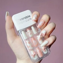 30pcs Wearable Artificial Nail Set, Medium Length, Ballet Style, Sweet & Lovely Butterfly & Flower Design, Nail Art For Fingers X-188-109 - Pink - View 1