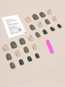 Get Glamorous With 24pcs Short Square Sequined Green Leopard Print Graphic Full Cover Fake Nail Set For Women And Girls Press On Nails Nail Supplies - Multicolor - View 2