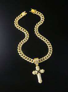 1pc Bling Chain Full Rhinestone Classic Cross Pendant Men'S Hip Hop Style Personalized Necklace For Daily Wear Or Gift - Yellow Gold - View 9