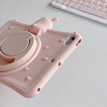 1pc Cute Heart Rabbit Anti-Fall Full Protective Silicone Soft Shell Tablet Case With 360 Rotation Stand Compatible With Ipad - Pink - View 5