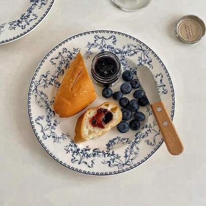 1 件花卉陶瓷圆盘/1 件花卉图案餐勺，法式复古花卉蓝色甜点盘，复古餐具盘，适合意大利面、早餐、水果、汤，适用于餐厅、客厅、家居