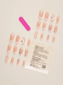 24入組長棺材形狀3D花朵裝飾全蓋式假指甲套裝，貼式指甲，美甲用品，瞬間升級你的外觀 - 彩色 - 查看 4