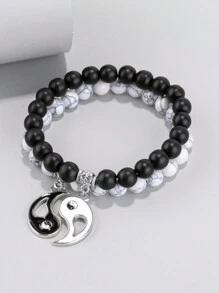 2入組天然石珠子和愛心、、八卦和手部紋路的彈性手鍊套裝,適用於情人節女士和情侶 - 彩色 - 查看 4