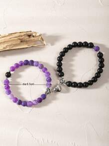 2入組天然石珠子和愛心、、八卦和手部紋路的彈性手鍊套裝,適用於情人節女士和情侶 - 彩色 - 查看 5