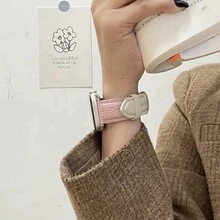 1入時尚顏色拼接正品皮革女錶帶，商務休閑風格，適用於38/40/41/42/44/45/49mm，適用於蘋果手錶Ultra/Se/8/7/6/5/4/3/2/1 - 粉色 - 查看 4