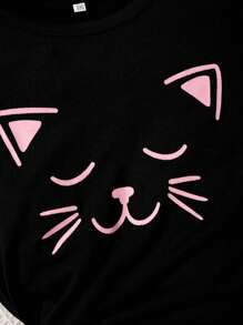 年輕女孩卡通圖案短袖t恤和短褲休閒夏季套裝 - 粉色 - 查看 3