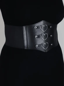 Plus Size Gothic Style Corset Top With Heart Decoration And Waist Belt, Perfect For Party Outfits Halloween Valentine's Day - Black - View 2