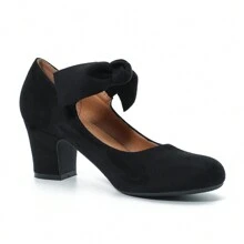 Women'S Bow Mary Jane Block Heel Pumps Closed Round Toe Low Chunky Heels Ankle Strap Wedding Dress Evening Party Shoes - màu đen - Xem 5