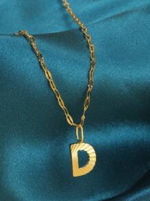 1pc Simple Stainless Steel 26 English Alphabet Pendant Necklace, Ideal Gift For Friends - Yellow Gold - View 2
