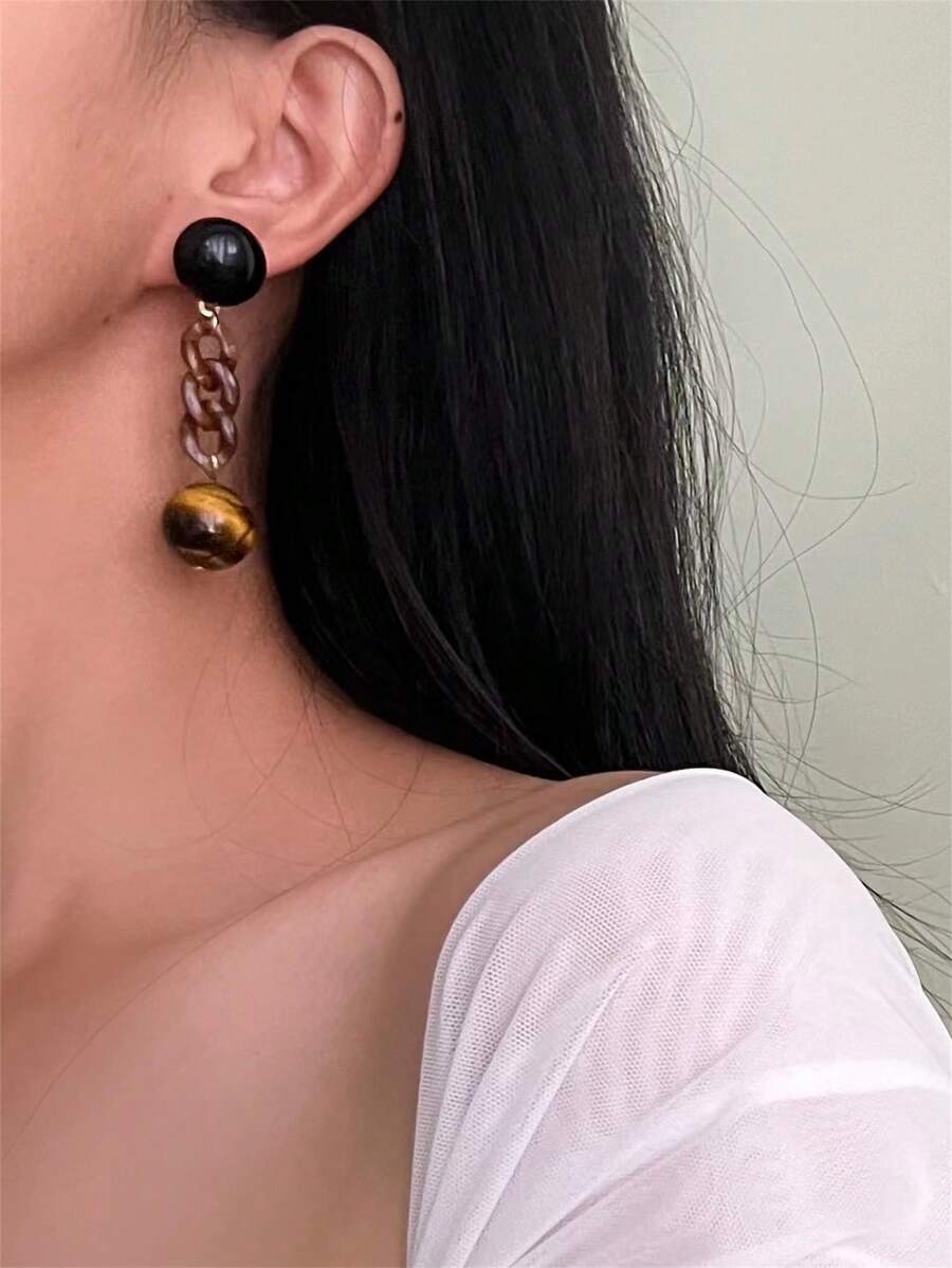 Cream Acrylic Round Ball Earrings, Exaggerated & Luxurious & Unique Design, High-End Atmosphere, Personalized Style - Brown - View 1