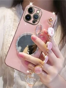 華麗的閃爍蝴蝶結珍珠鏡面電鍍殼，適用於三星Galaxy S24、S23 Ultra、S24 Plus，矽膠柔軟套兼容iPhone 15、14、13、12、11 Pro Max - 粉色 - 查看 3