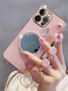 華麗的閃爍蝴蝶結珍珠鏡面電鍍殼，適用於三星Galaxy S24、S23 Ultra、S24 Plus，矽膠柔軟套兼容iPhone 15、14、13、12、11 Pro Max - 粉色 - 查看 5