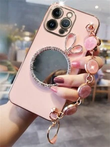 華麗的閃爍蝴蝶結珍珠鏡面電鍍殼，適用於三星Galaxy S24、S23 Ultra、S24 Plus，矽膠柔軟套兼容iPhone 15、14、13、12、11 Pro Max - 粉色 - 查看 2