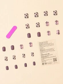 24pcs Short Square Plaid Print Fake Nail & 1sheet Tape & 1pc Nail File - Multicolor - View 2
