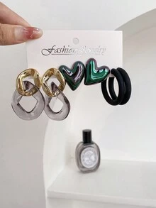 1 Set Of 3 Pairs Simple And Elegant Geometric Mismatch Shape Heart Stud Earrings, Suitable For Women's Daily Wear - Multicolor - View 1