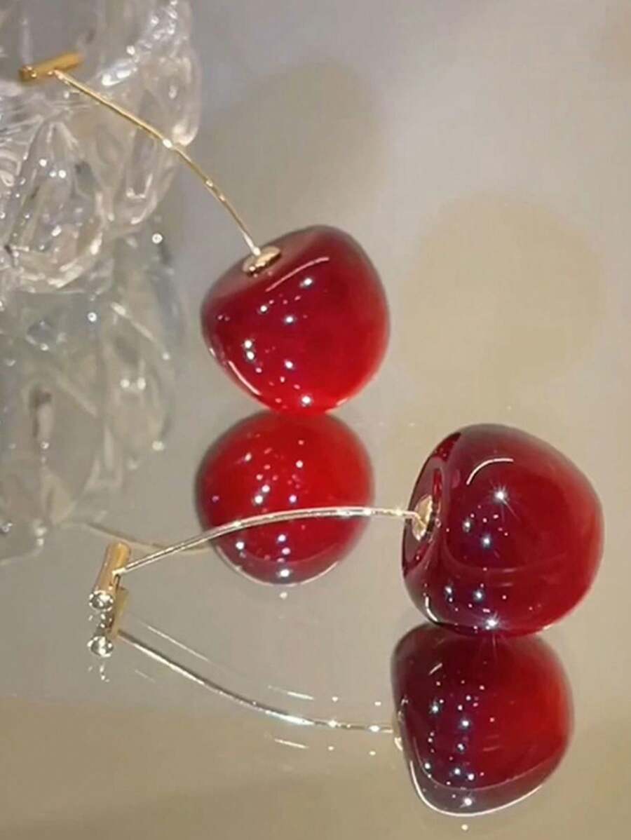 1 Par Aretes Suaves Y Simples De Cereza Dulce Y Fresca De Gama Alta - Rojo - Ver 1