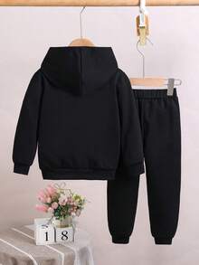 幼童女孩貓紋印花連帽衫和運動褲套裝,適用於冬季 - 黑色 - 查看 2