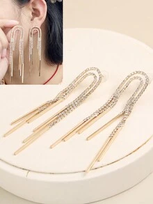 1對歐美風格鑽石鑲嵌流蘇u型耳環 - 金黃色 - 查看 1