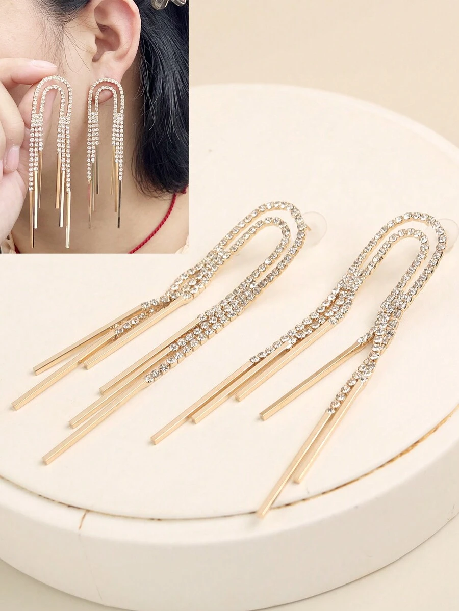 1對歐美風格鑽石鑲嵌流蘇u型耳環 - 金黃色 - 查看 1