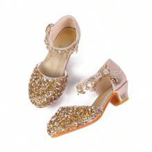 Girls Princess Shoes Sequins Sweet Bows High Heels Wedding Party Dress Shoes Dance Bright Diamond Cosplay Christmas Festival Shoes Pink Blue Purple Gold Silver - 金色 - 查看 6