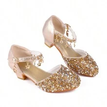 Girls Princess Shoes Sequins Sweet Bows High Heels Wedding Party Dress Shoes Dance Bright Diamond Cosplay Christmas Festival Shoes Pink Blue Purple Gold Silver - 金色 - 查看 7
