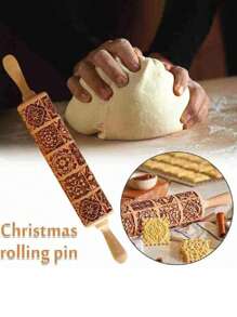 1入組天然木製花紋與雪花壓花擀麵棍製作壓花曲奇、烘焙工具 - 棕色 - 查看 2
