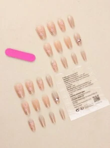 粉色腮紅氣墊星甜美假指甲，24入組短棺形假指甲，帶星空圖案美甲用品 - 彩色 - 查看 2