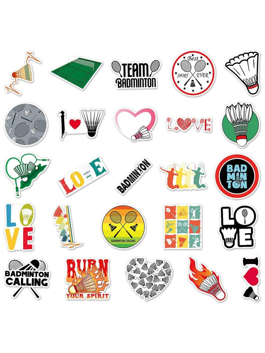 50pcs Feather Badminton Graffiti Stickers, Diy For Bubble Tea Cup, Water Bottle, Luggage, Waterproof, 50pcs Non-Repetitive - Badminton Stickers - View 1
