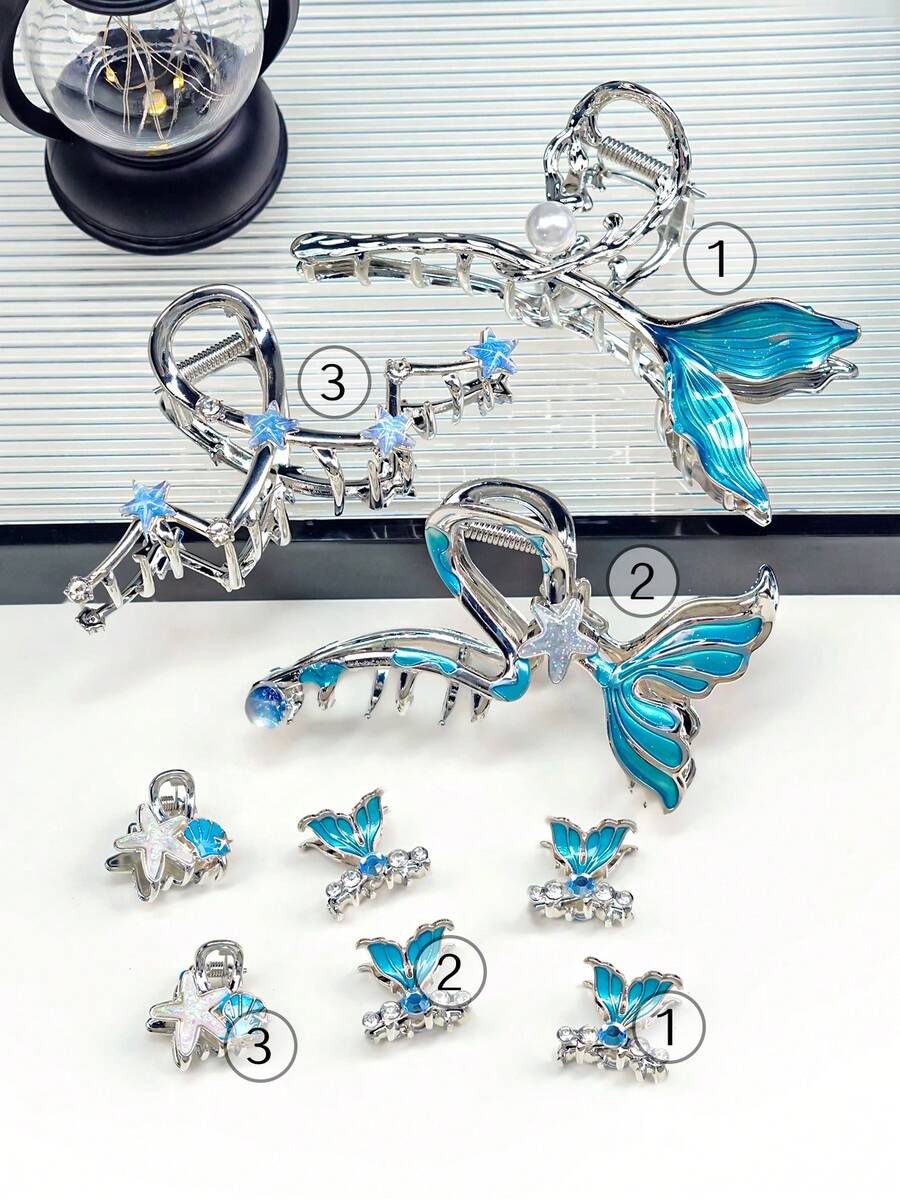 3入組藍色魚尾造型金屬髮夾，包含小號和大號海星髮夾、髮卡，適用於髮髻的髮飾配件 - 彩色 - 查看 1