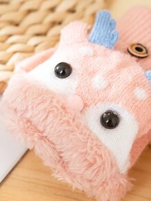 1對(2件)3-8歲兒童半指手套,帶翻蓋,馴鹿設計,厚實保暖,卡通可愛 - 粉色 - 查看 4